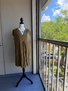 Anthropologie Linen Cotton Olive Green V-Neck Casual Dress